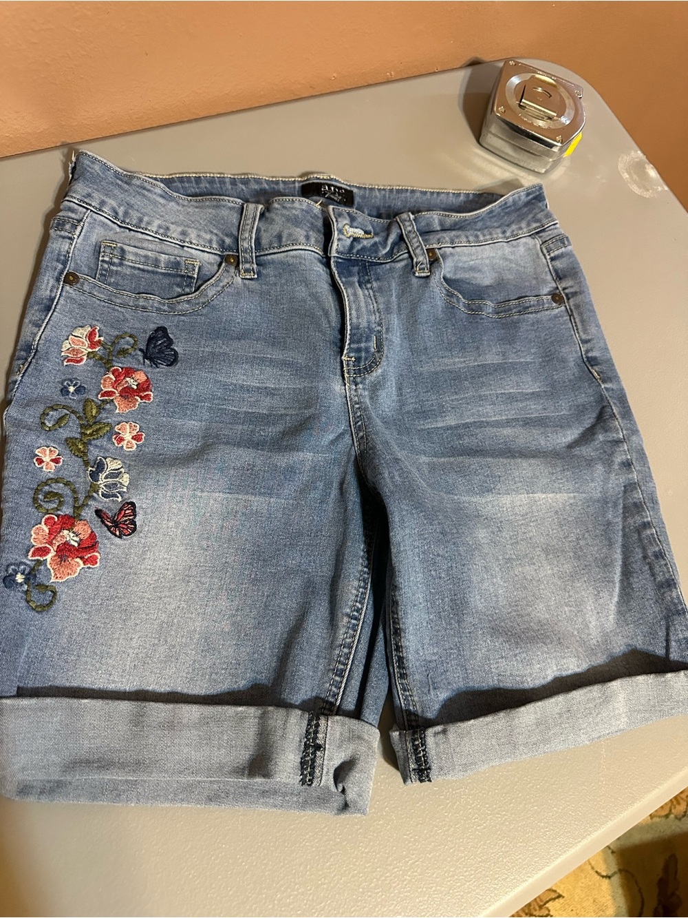 a.n.a Light Blue Denim Bermuda Shorts with Floral Embroidery